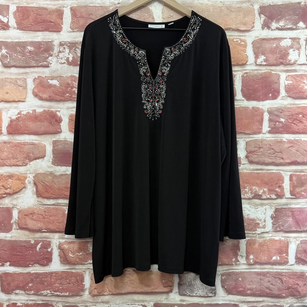 Susan Graver Top Women's 3X Black Beaded Embellished Casual Evening Tunic Shirt